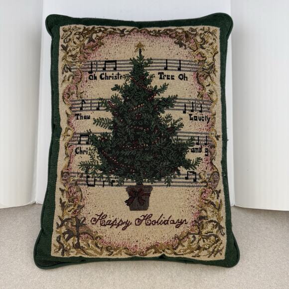 Vintage Needlepoint Christmas Tree Pillow Farmhouse Green Rectangle 12” x 15" - Picture 1 of 6